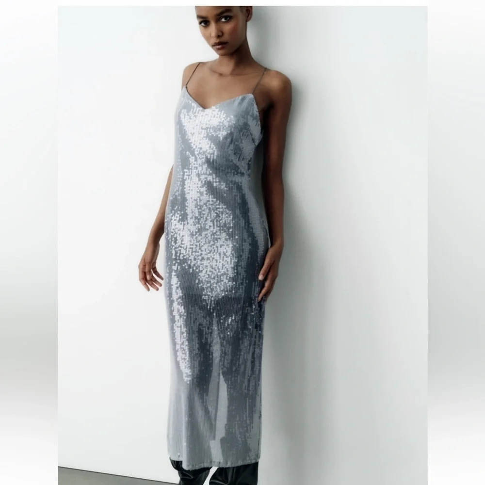 Zara NWT sequin midi dress silver - Picture 11 of 11
